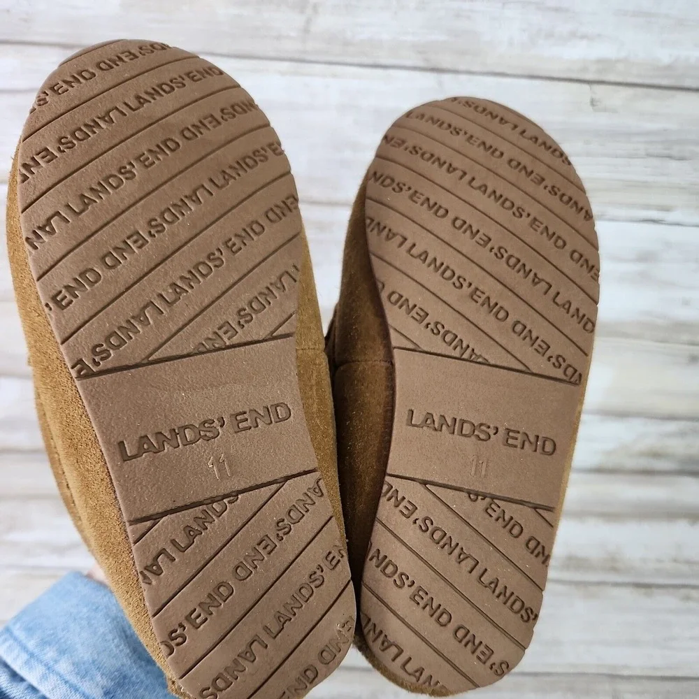 Lands' End Suede Moccasin Slippers Kids Size 11 Brown Faux Fur Monogram P Cozy